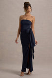Loz Navy Satin Bandeau Draped Maxi Dress
