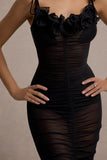 Jesi Black Mesh Ruched Midi Dress With Ruffles