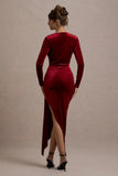 Arcadia Berry Velvet Plunge-Neck Wrap Midi Dress