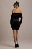 Gilda Black Velvet Bardot Long-Sleeve Mini Dress