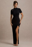 Claudetta Black High-Neck Short-Sleeve Split Maxi Dress