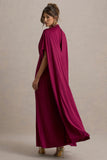 Olessia Burgundy Belted Gathered Cape-Sleeve Maxi Dress