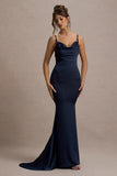 Made With Love Navy Satin Strappy Fishtail Maxi Dress