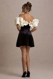Brynne Black & Cream Velvet Mini Dress With Satin Puff Sleeves