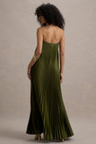 Bergamot Olive Satin Sweetheart Maxi Dress