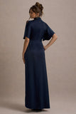 Audley Navy Satin High-Neck Flutter-Sleeve Maxi Dress