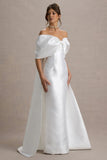 Wanting More Off White Satin Cape Maxi Dress With Oversized Bow