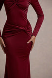 Noya Berry Long-Sleeve Ruched Maxi Dress