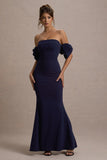 Alaine Navy Bardot Maxi Dress With Bow Sleeves