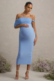 Jen Powder Blue Bardot Twisted Maternity Midi Dress