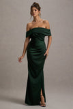 Martine Bottle Green Satin Bardot Wrap Maxi Dress