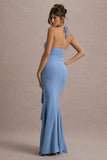 Lucena Powder Blue Cowl-Neck Wrap Maxi Dress With Floral Drape