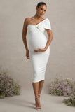 Admired White Ruched One-Shoulder Maternity Midi Dress