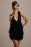 Flirt Black Plunge Front Mini Dress With Feather Skirt
