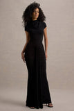 Lorenza Black High-Neck Ruched Maxi Dress With Draped Skirt