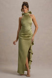 Maureen Light Green Satin High-Neck Draped Maxi Dress