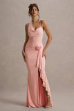 Lucena Pink Cowl-Neck Wrap Maxi Dress With Floral Drape