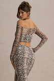 Kelsie Snake Print Mesh Bardot Crop Top