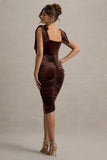 Tarna Brown Velvet Midi Dress With Bow Straps