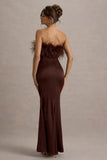 Dress For It Brown Satin Feather Trim Bandeau Maxi Dress