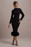 Chandra Black Mesh Long-Sleeve Midi Dress With Ruffle Hem