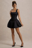Bramble Black Satin Square-Neck Puffball Mini Dress