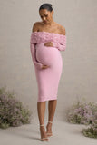 Adita Blush Pink Mesh Floral Bardot Maternity Midi Dress
