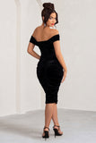 Gratitude Black Velvet Off The Shoulder Ruched Midi Dress