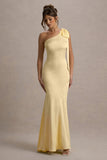 Here For Love Lemon Satin Asymmetric Maxi Dress With Bow