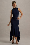 Janice Navy High-Neck Hanky-Hem Maxi Dress