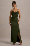 Edel Olive Satin Strapless Maxi Dress With Drape