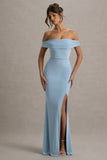 Law of Attraction Powder Blue Bardot Draped Split Maxi Dress
