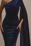 Gianna Navy Velvet One Shoulder Cape Bodycon Midi Dress
