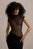 Asia Black Sheer Short-Sleeve Draped Maxi Dress