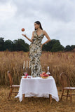 Wispy Snake Print Plunge-Neck Ruffled Maxi Dress