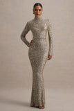 Galaxy Champagne Sequin Turtle-Neck Long-Sleeve Maxi Dress