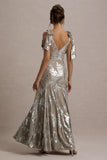 Lula Champagne Metallic Plunge-Neck Maxi Dress With Bow Straps
