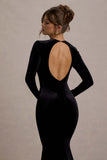 Keaton Black Velvet Long-Sleeve Open-Back Maxi Dress