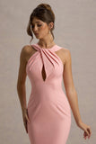 Titania Pink Twist-Neck Feather Hem Midi Dress