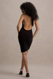 Vivia Black Plunge-Neck Ruched Mini Dress