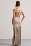 Confidence Champagne Satin Bandeau Pleated Split Maxi Dress