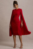 Marysol Red Asymmetric Cape Midi Dress