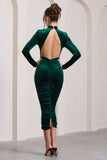 Joanna Bottle Green Velvet High-Neck Backless Midi Dress