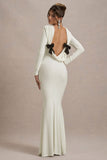 Rosalee Cream Long-Sleeve Cowl-Back Maxi Dress With Bows