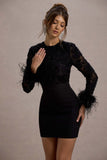 Charli Black Mesh Long-Sleeve Feather-Trim Mini Dress