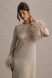 Adella Champagne Satin Feather-Trim Maxi Dress