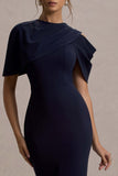 Dorothea Navy Draped Midi Dress With Cape