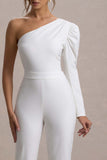 San Jose White One-Shoulder Puff-Sleeve Jumpsuit