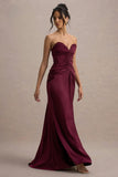 Desirie Plum Satin Sweetheart Gathered Maxi Dress