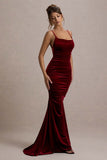 Adele Berry Velvet Ruched Strappy Fishtail Maxi Dress